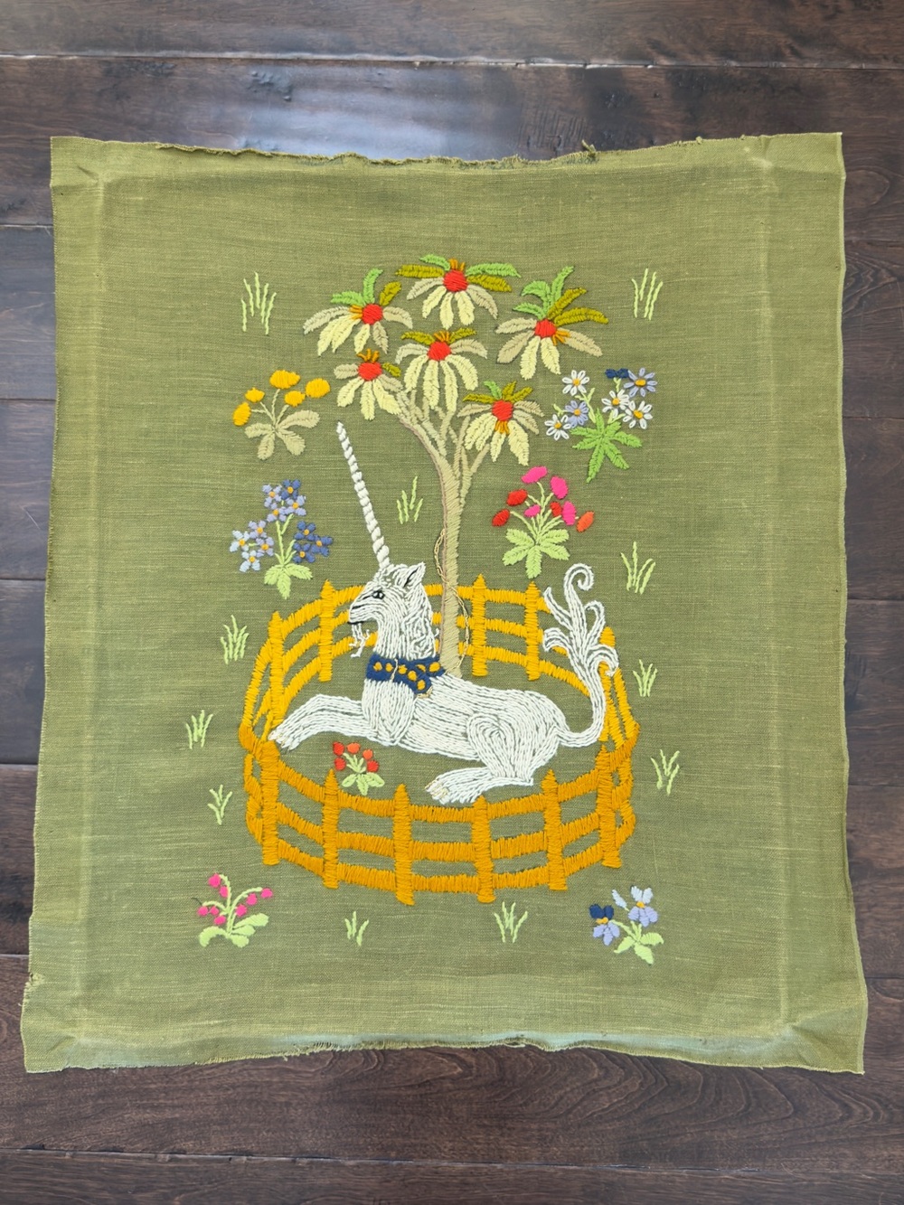 Vintage 1970’s Unicorn Crewel Embroidery Art
